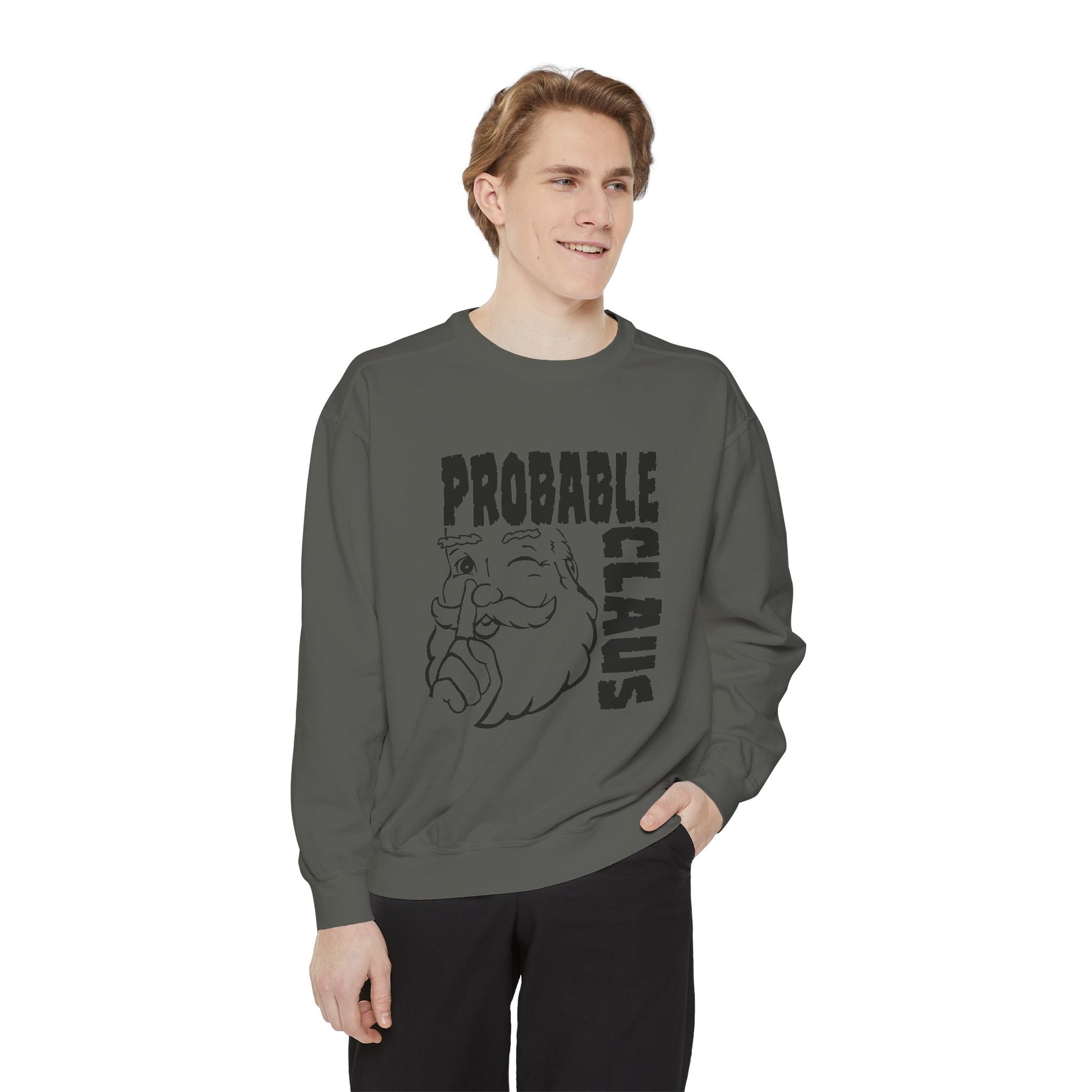 Person wearing a gray sweatshirt with 'PROBABLE CLAUS' text and graphic on a white background