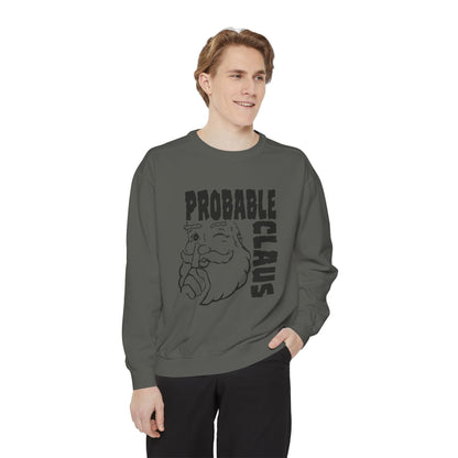 Person wearing a gray sweatshirt with 'PROBABLE CLAUS' text and graphic on a white background