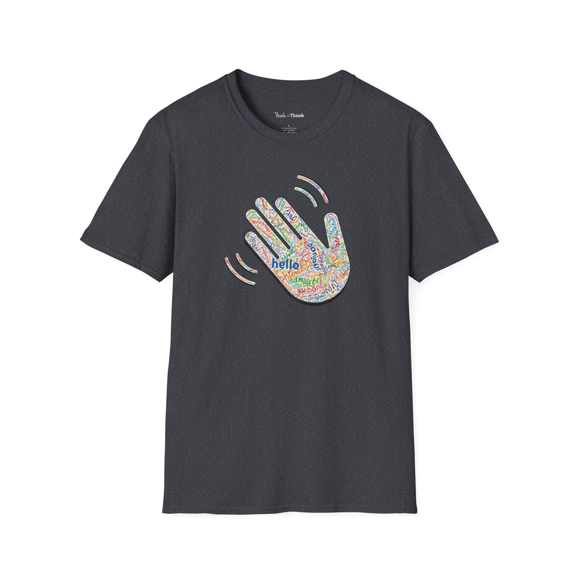 Black T-shirt with a colorful hand graphic filled with greetings from many languages - on a white background
