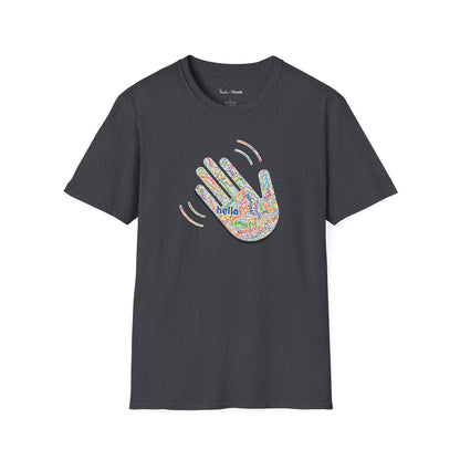 Black T-shirt with a colorful hand graphic filled with greetings from many languages - on a white background