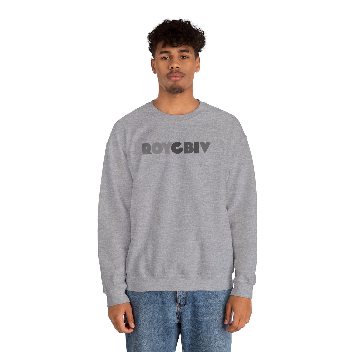 Person wearing a gray sweatshirt with 'ROYGBIV' text on a white background