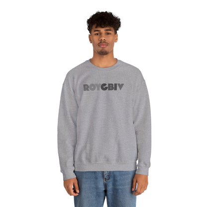 Person wearing a gray sweatshirt with 'ROYGBIV' text on a white background