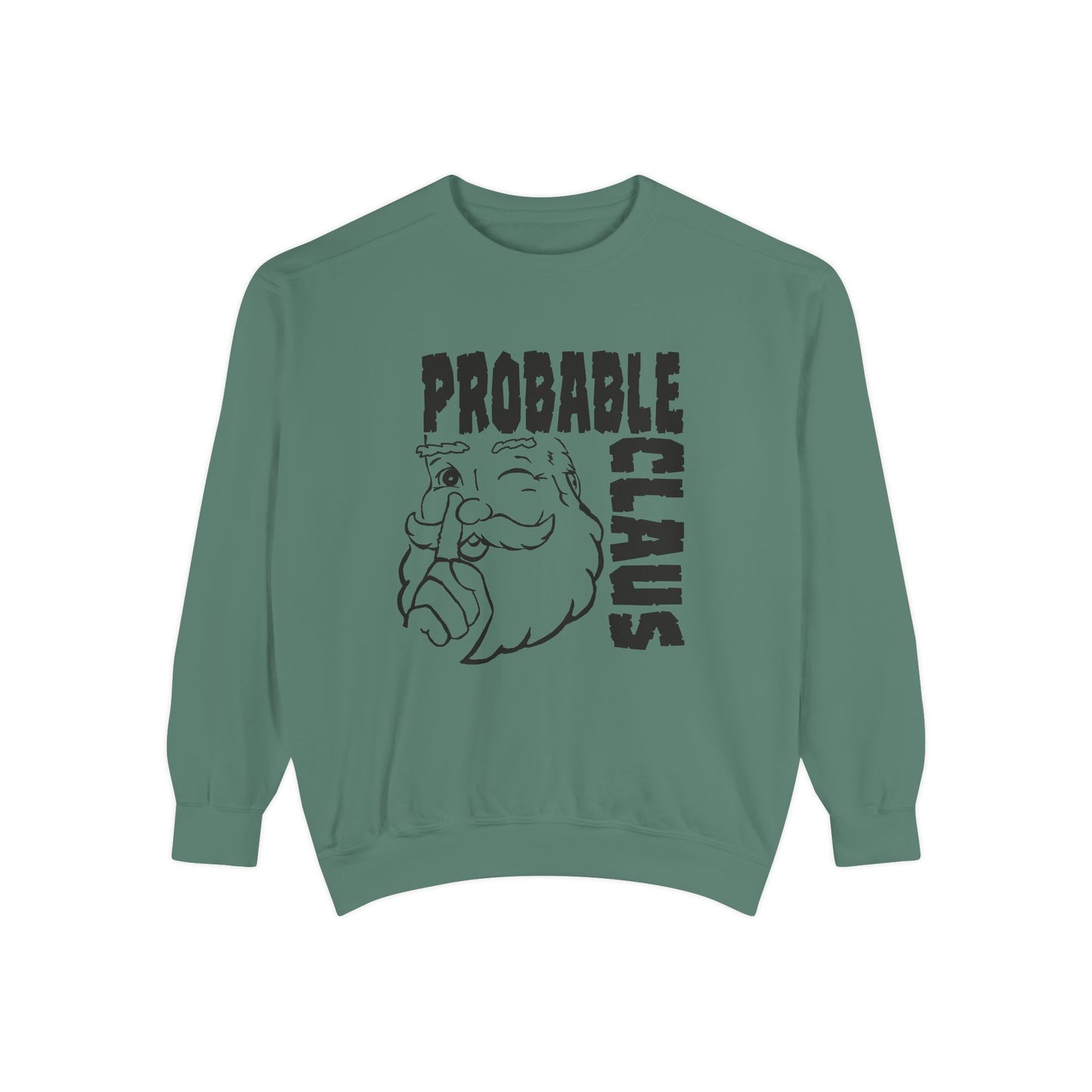 Green sweatshirt with 'Probable Claus' graphic on a white background