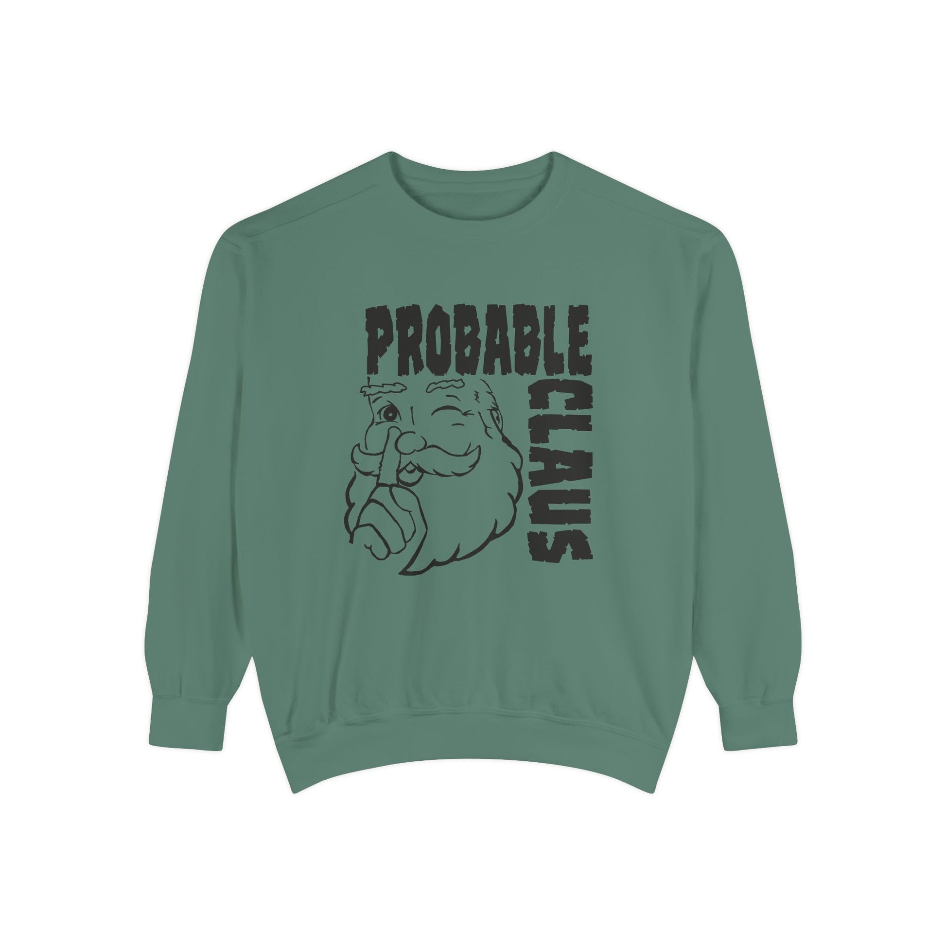 Green sweatshirt with 'Probable Claus' graphic on a white background