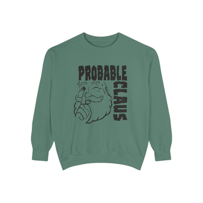 Green sweatshirt with 'Probable Claus' graphic on a white background