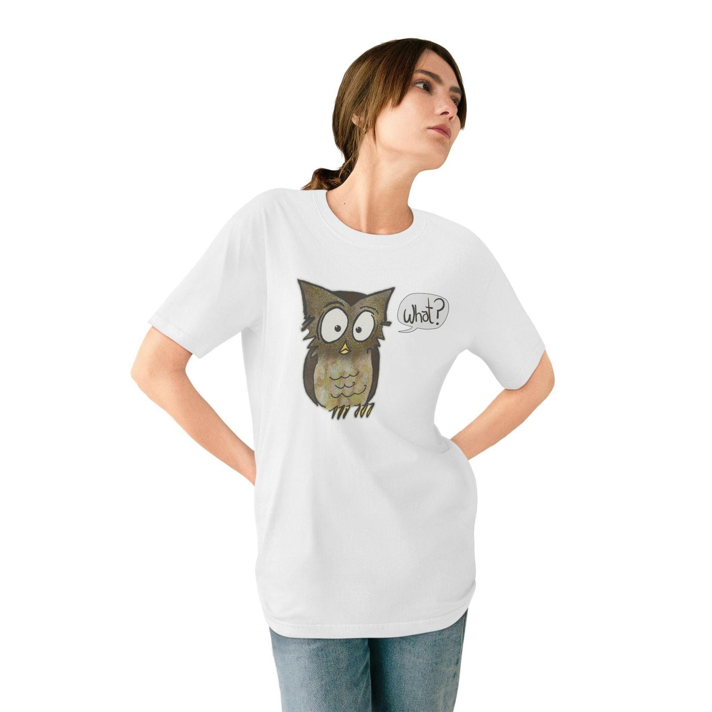 Woman wearing a white t-shirt with an owl graphic and 'What?' text on a white background