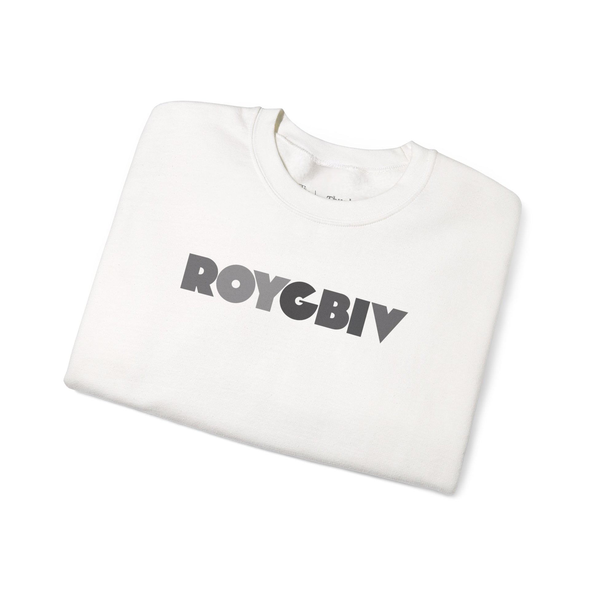 Folded white sweatshirt with 'ROYGBIV' text on a white background