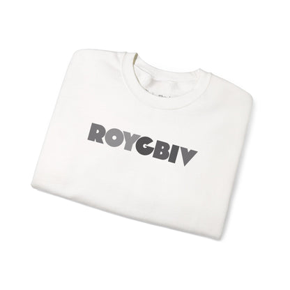 Folded white sweatshirt with 'ROYGBIV' text on a white background