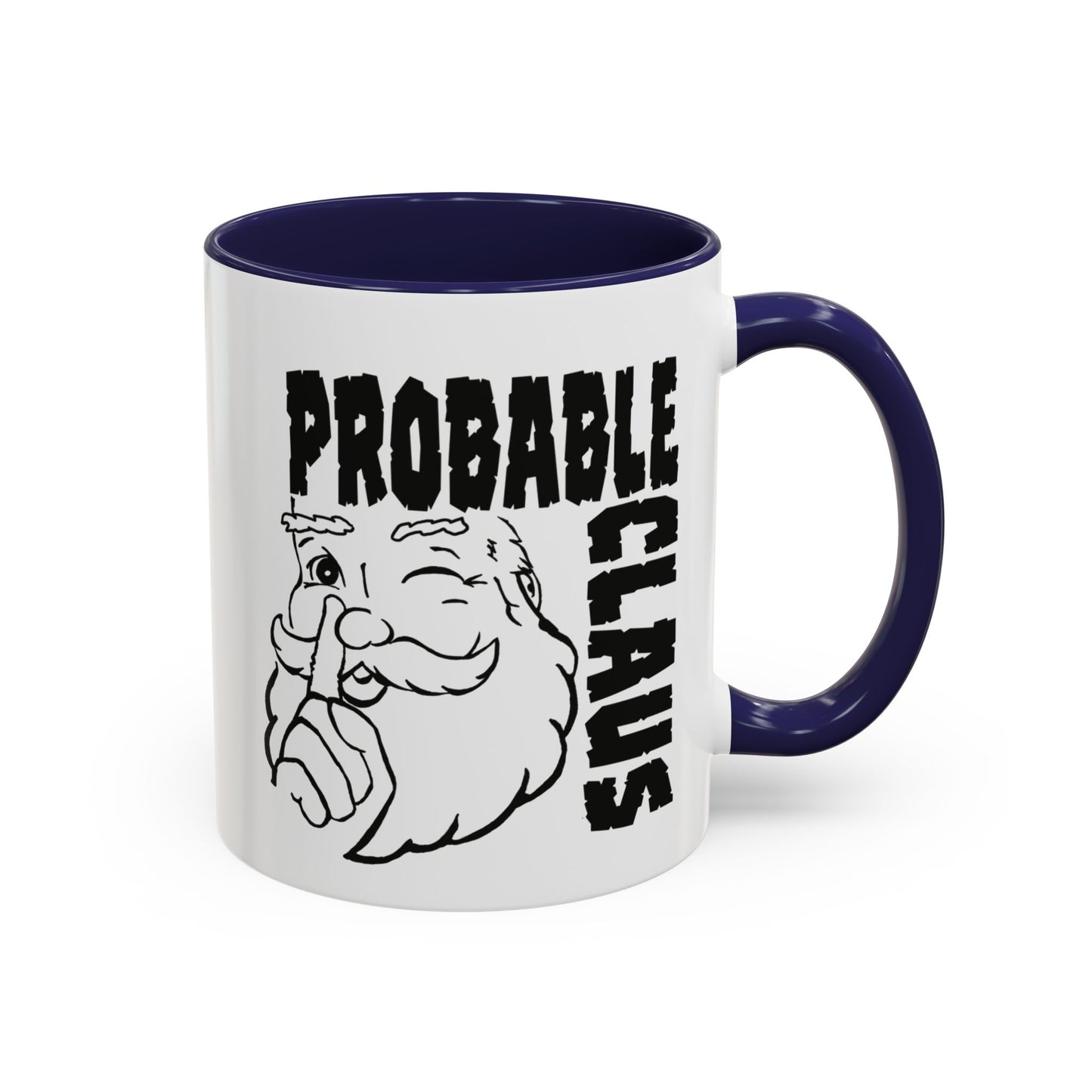 Mug with 'Probable Claus' text and Santa Claus illustration on a white background