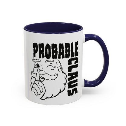 Mug with 'Probable Claus' text and Santa Claus illustration on a white background