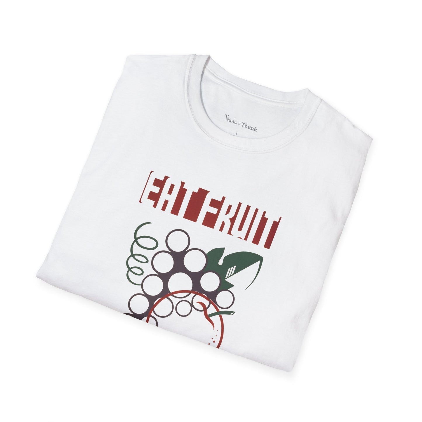 Folded white t-shirt with red text and graphic design on a white background