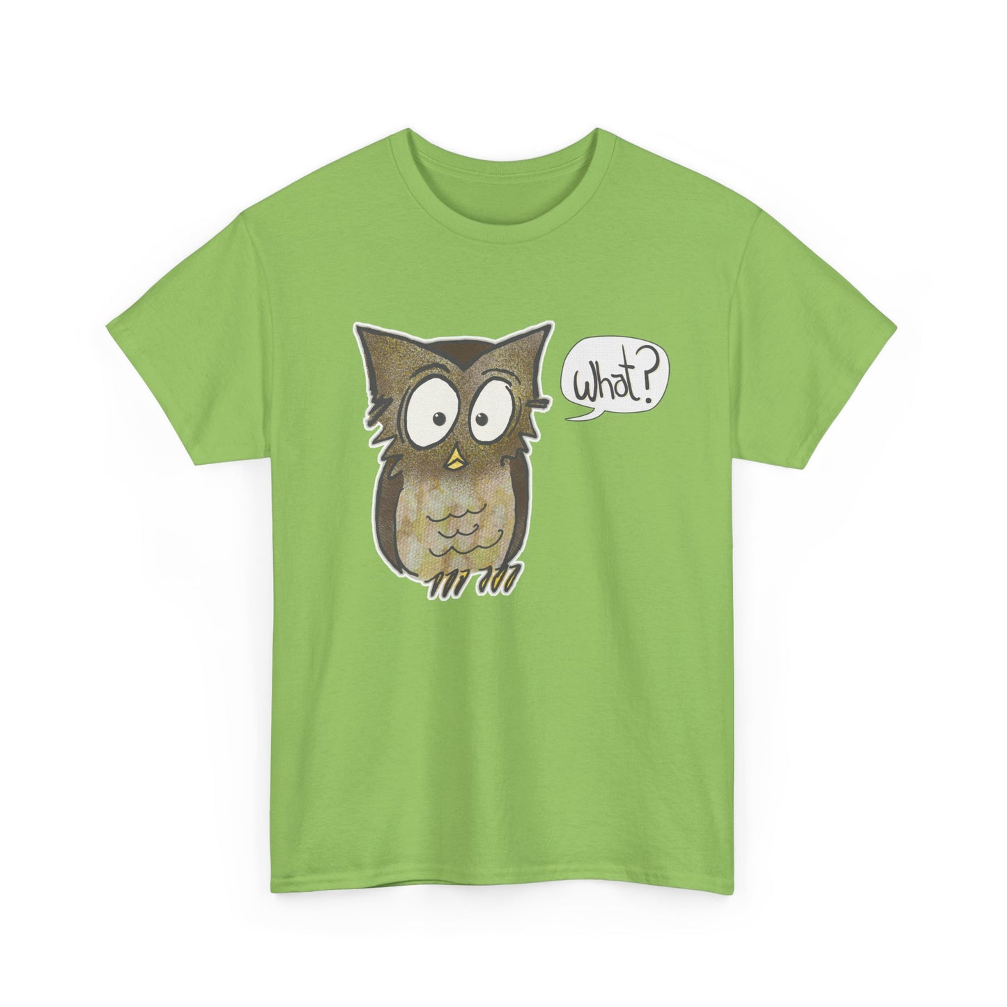 lime T-shirt with perplexed owl saying "What?"