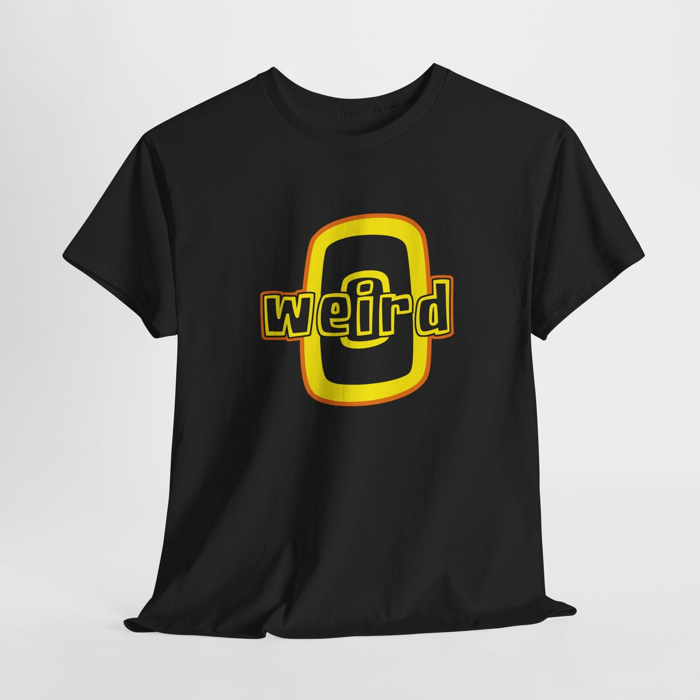 Black t-shirt with a yellow and red 'weird' graphic on a white background