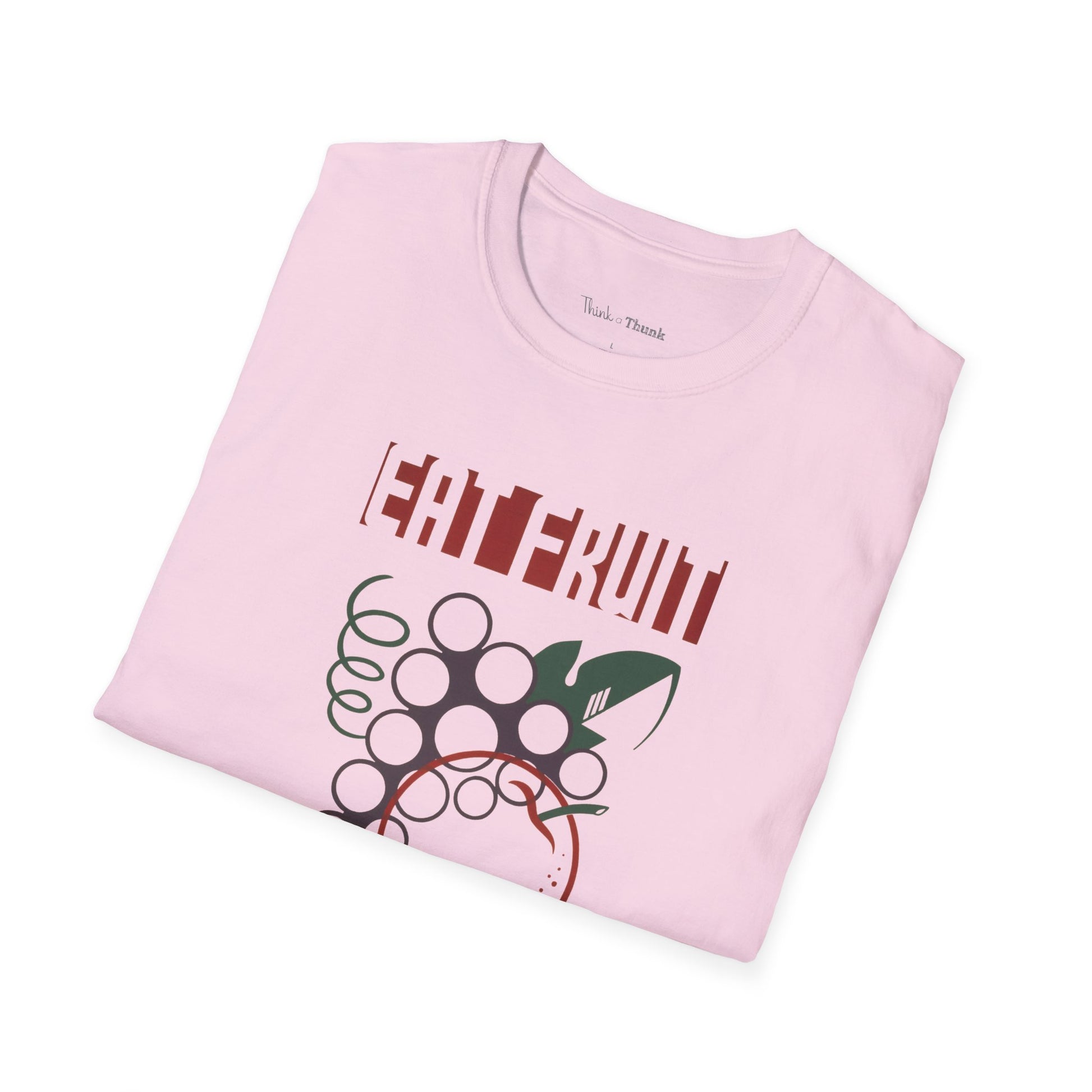 Folded pink t-shirt with graphic design and text on a white background