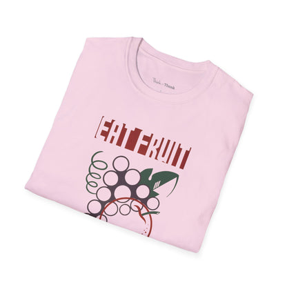 Folded pink t-shirt with graphic design and text on a white background