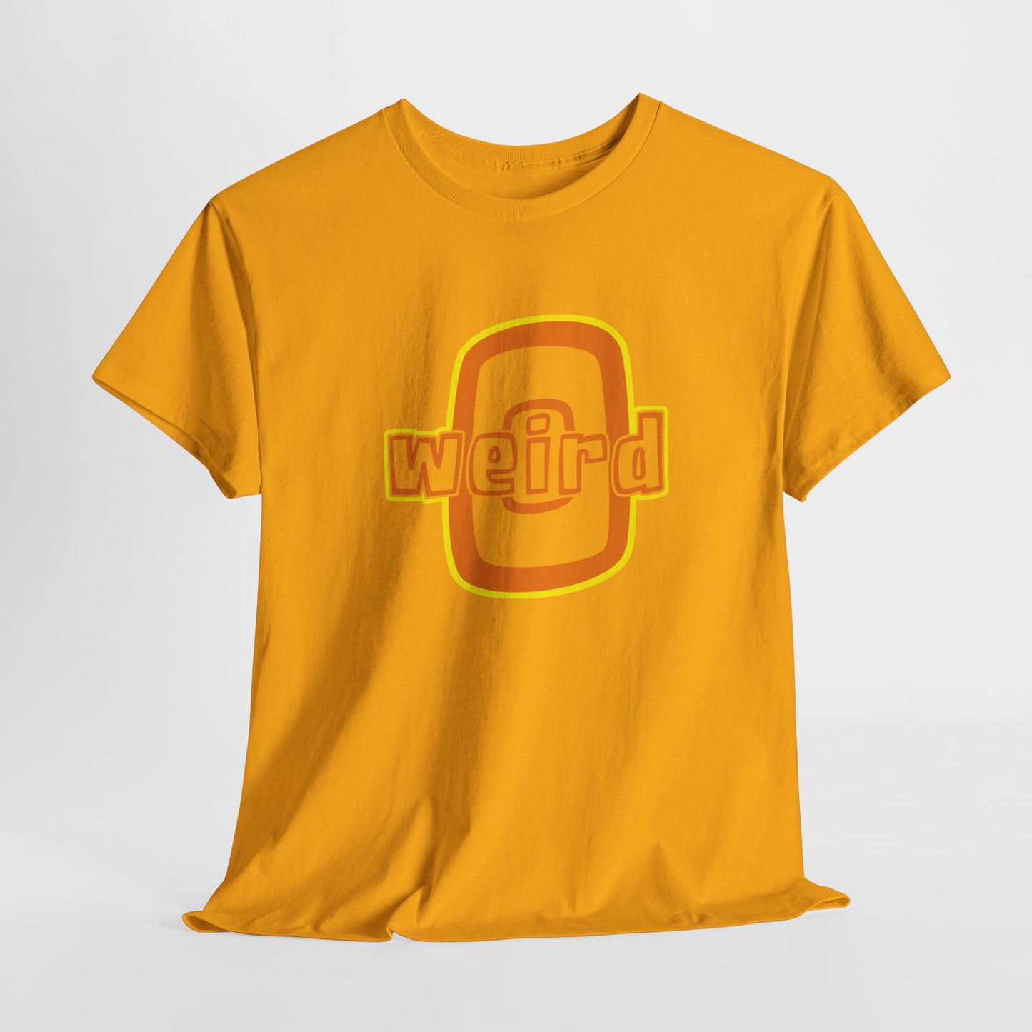 Yellow t-shirt with 'weird' graphic on a white background