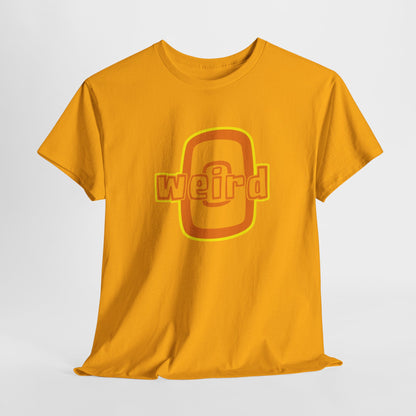 Yellow t-shirt with 'weird' graphic on a white background