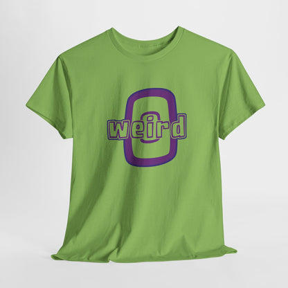 Green t-shirt with purple 'weird' graphic on a white background