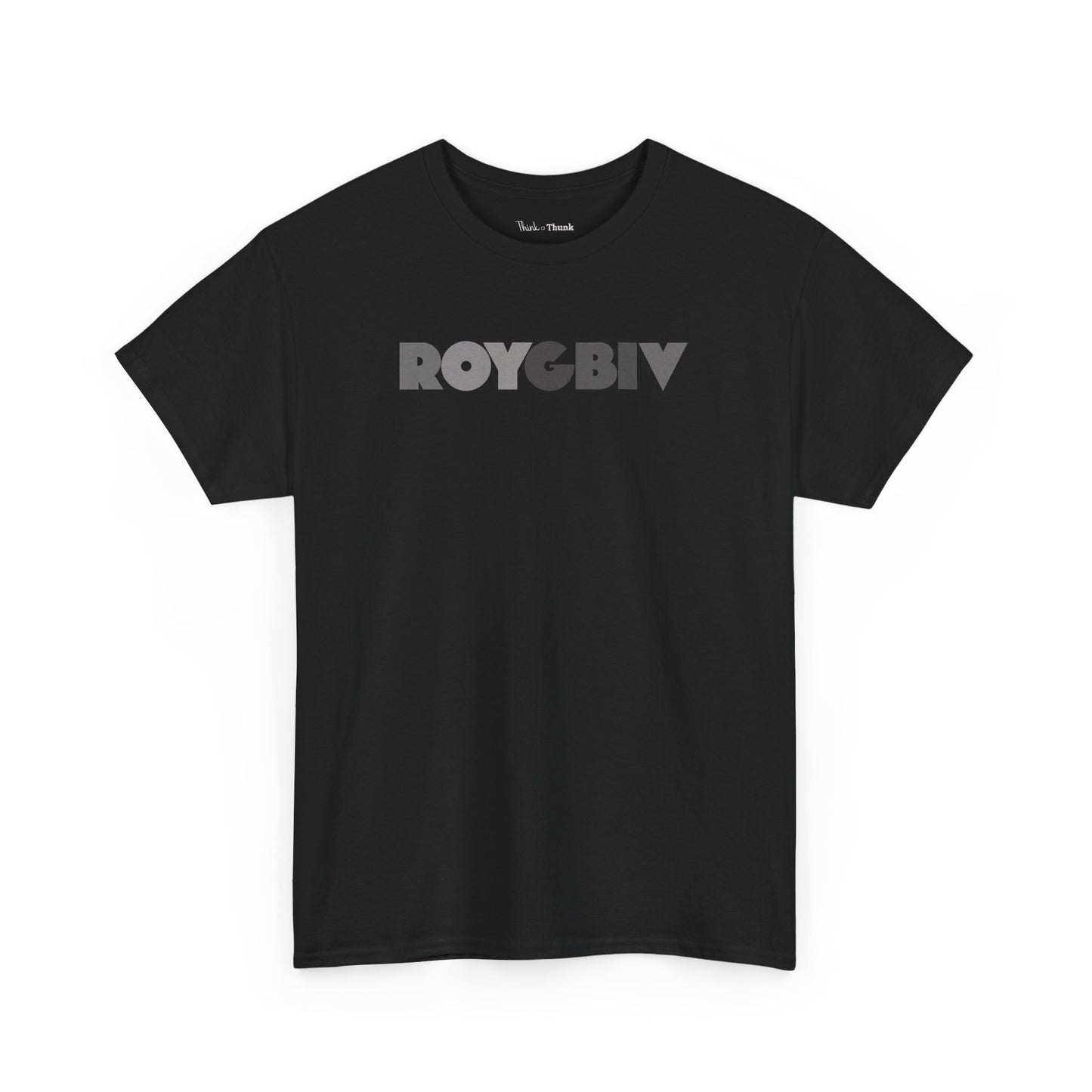 Black t-shirt with 'ROYGBIV' graphic - on a white background