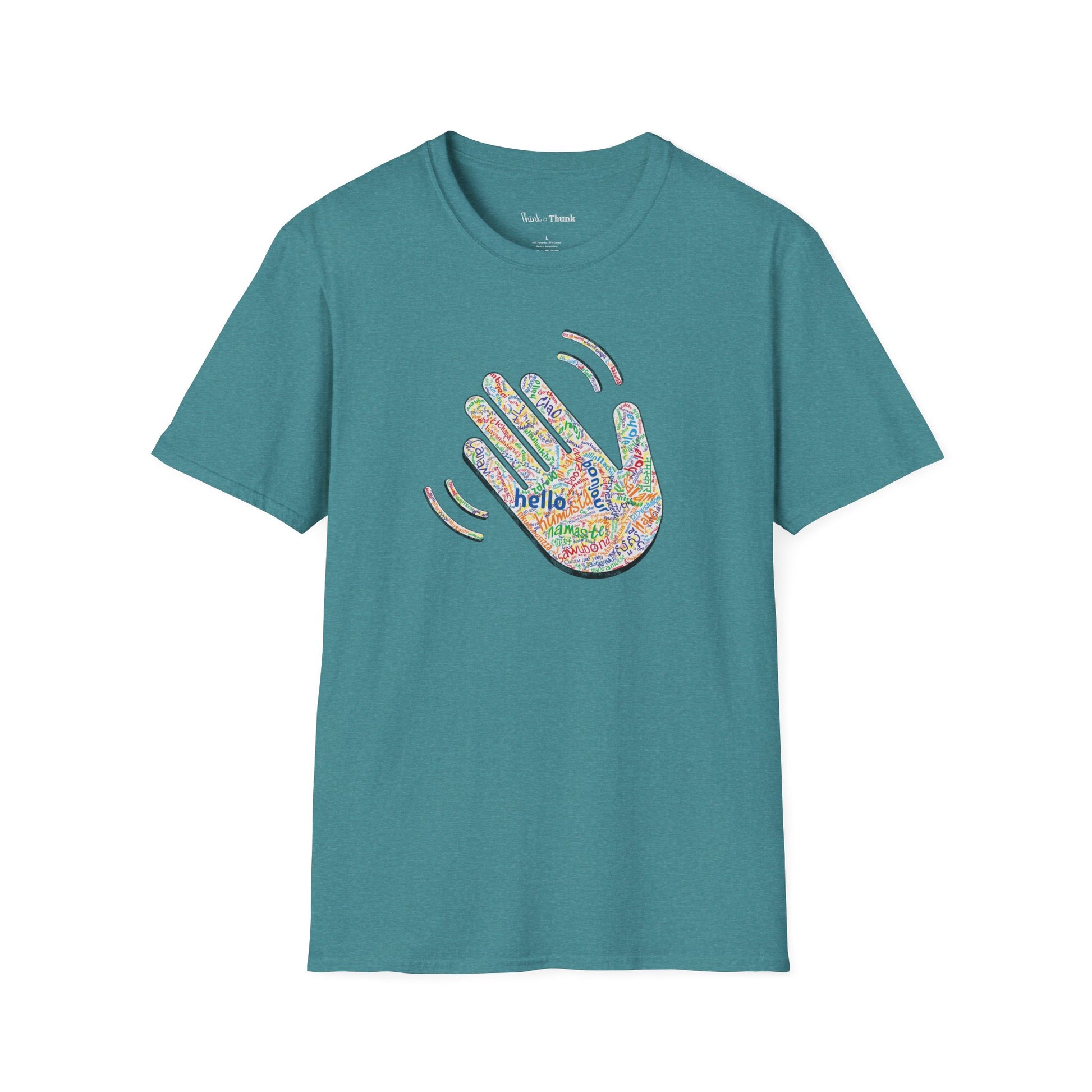 Teal T-shirt with a colorful hand graphic filled with greetings from many languages - on a white background