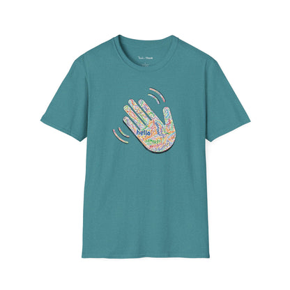 Teal T-shirt with a colorful hand graphic filled with greetings from many languages - on a white background