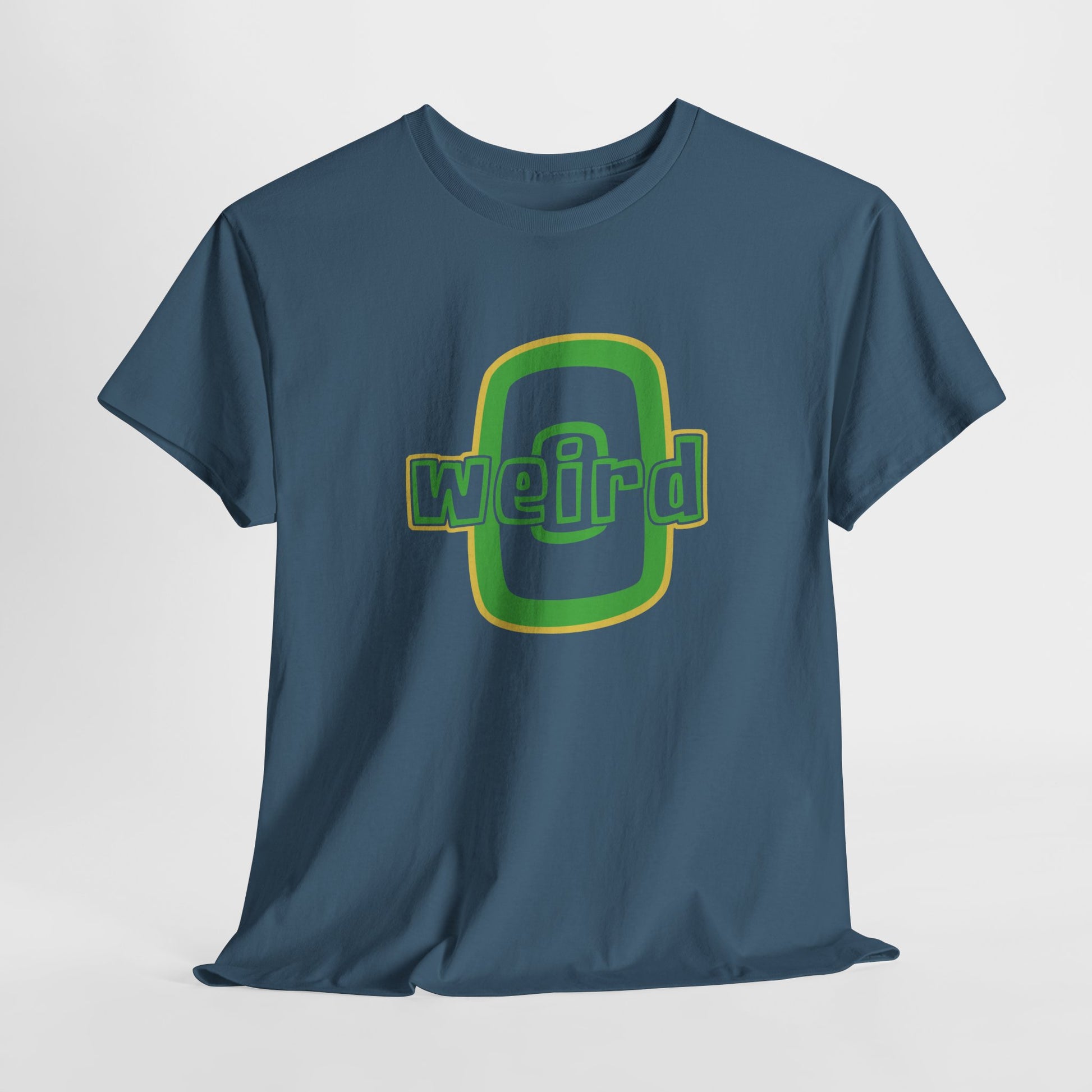 Blue t-shirt with green and yellow graphic design on a light gray background