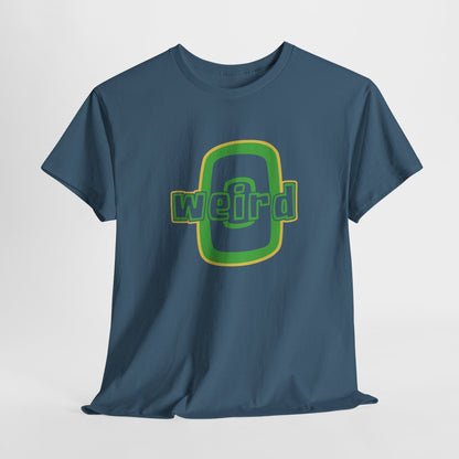 Blue t-shirt with green and yellow graphic design on a light gray background