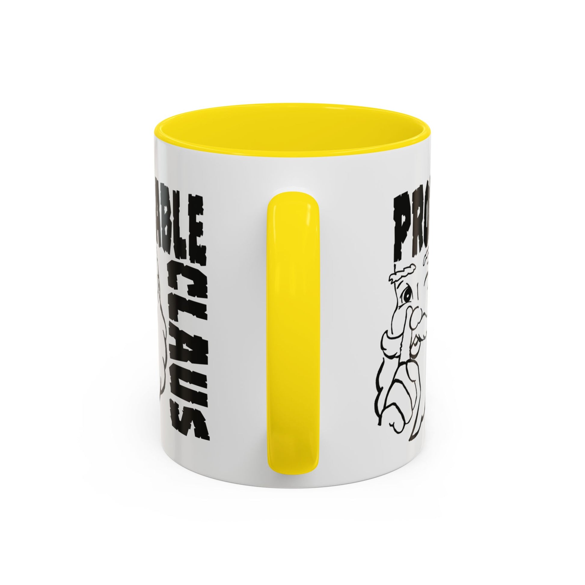 White mug with yellow interior and handle, featuring text and a graphic on a white background