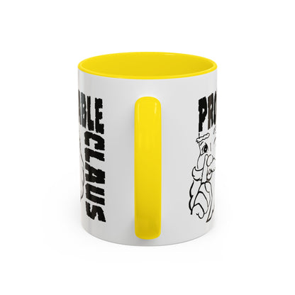 White mug with yellow interior and handle, featuring text and a graphic on a white background