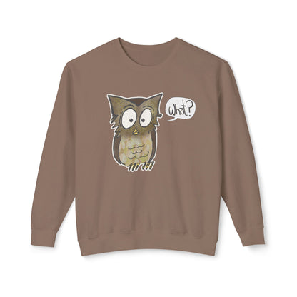 Brown sweatshirt with an owl graphic and 'What?' speech bubble on a white background