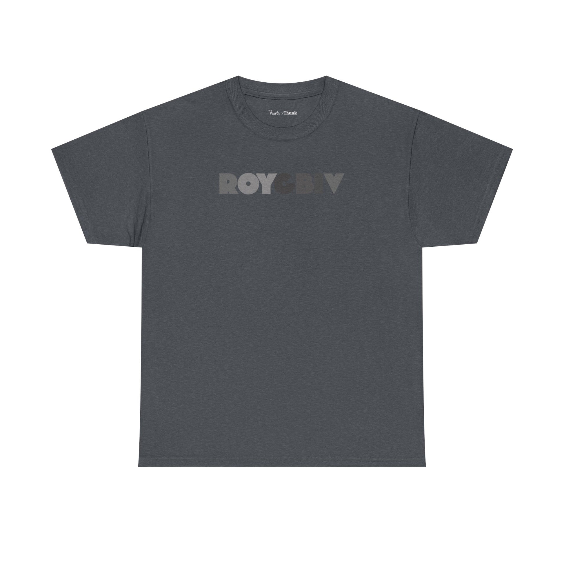 Gray t-shirt with 'ROYGBIV'  graphic -  on a white background