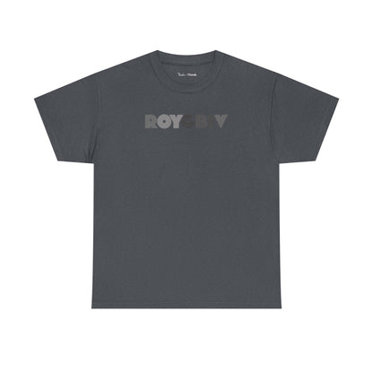 Gray t-shirt with 'ROYGBIV'  graphic -  on a white background