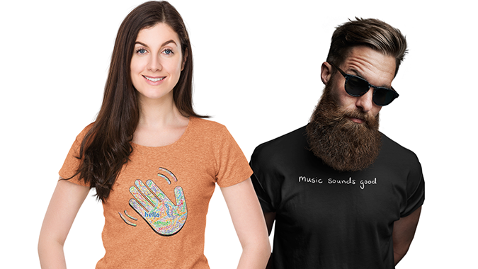 Two people wearing t-shirts with unique designs against a white background. The woman's orange T-shirt is a colorful graphic of a waving hand. The man's black T-shirt shows text 'musiic sounds good'. 