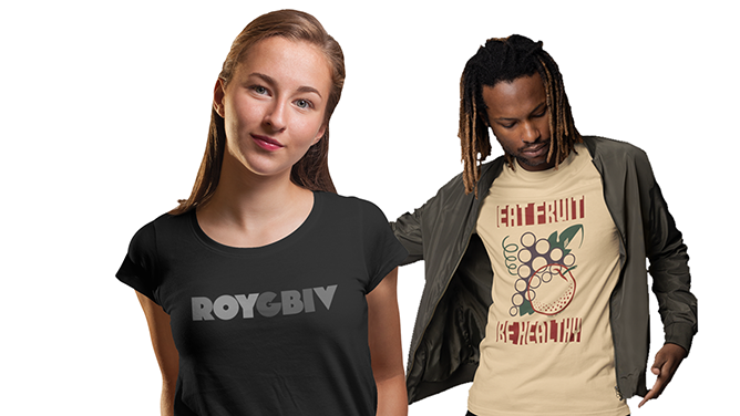 Two people wearing t-shirts with text and graphics on a white background. The woman's black T-shirt shows the letters 'ROYGBIV' in shades of grey. The man's T-shirt has a graphic drawing of grapes and an apple with the text 'EAT FRUIT BE HEALTHY'