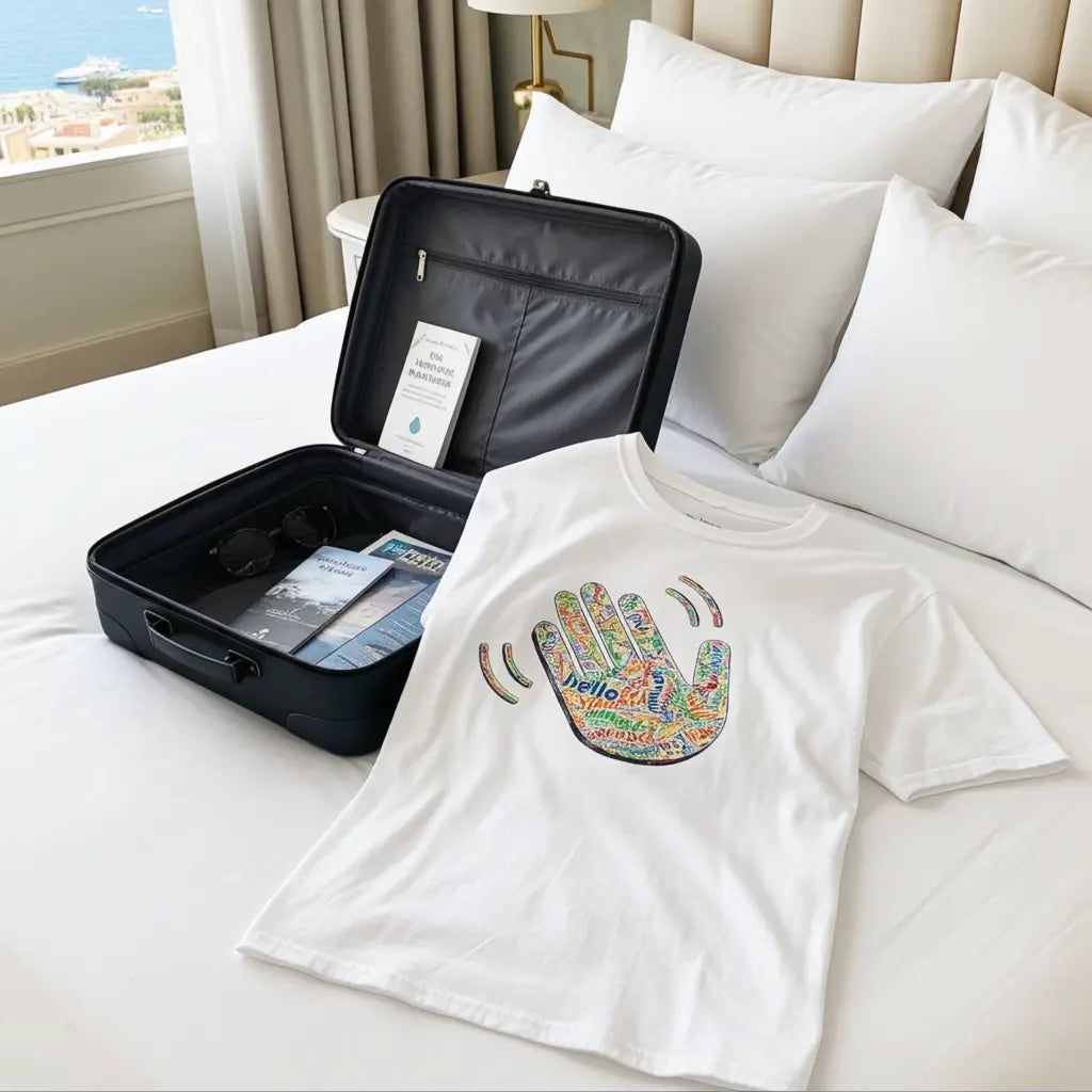 Black suitcase with travel documents on a bed in a Monaco hotel next to a white Think a Thunk Hello ASL Hand Graphic Tee - Multi-Language Greeting T-Shirt.