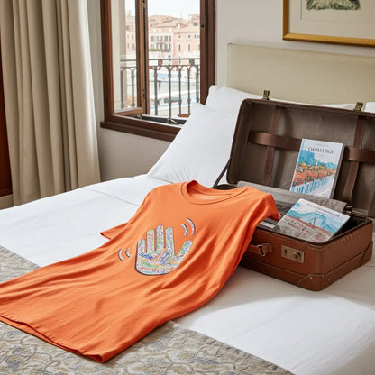 Orange Think a Thunk Hello ASL Hand Graphic Tee - Multi-Language Greeting T-Shirt on a bed next to an open suitcase with travel books, in a hotel in Venice.