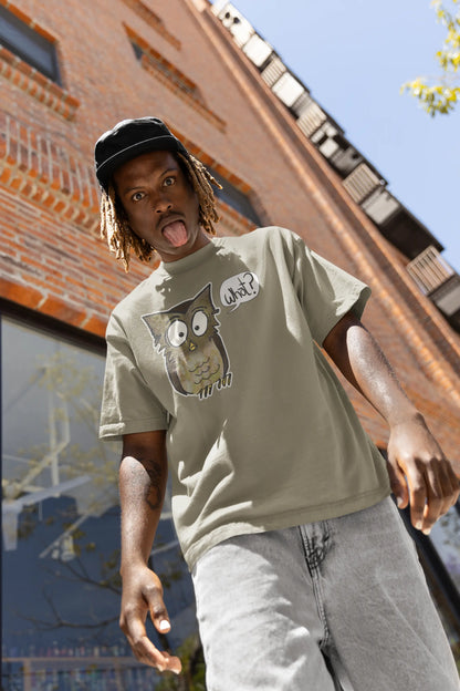 Low angle on man outside wearing a green Think a Thunk Unisex Perplexed Owl Organic T-Shirt