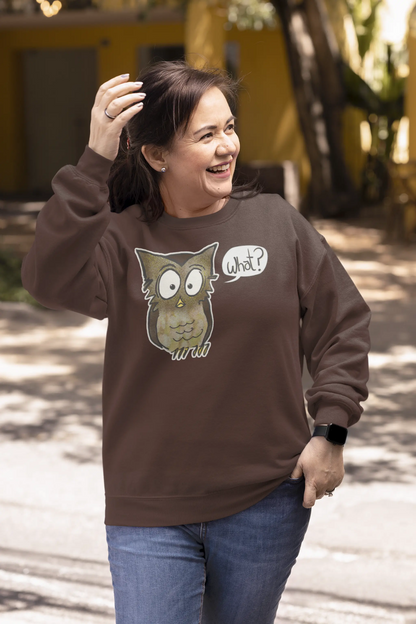woman on shaded street wearing espresson colored Think a Thunk Unisex Perplexed Owl Sweatshirt 