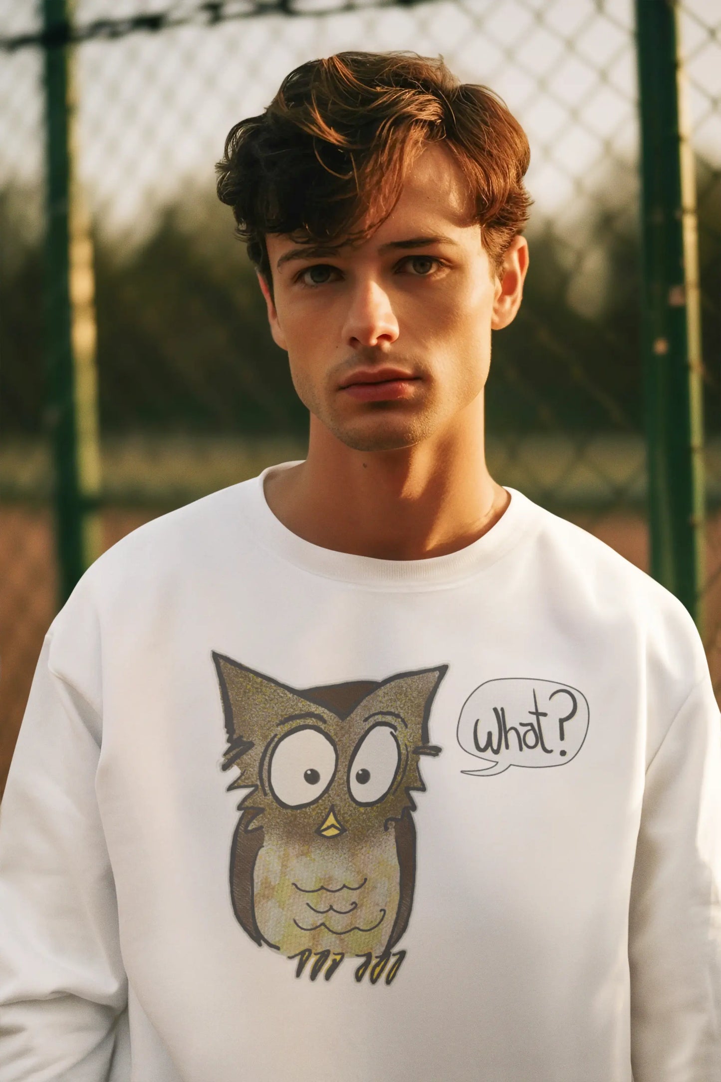 man in park wearing white Think a Thunk Unisex Perplexed Owl Sweatshirt 