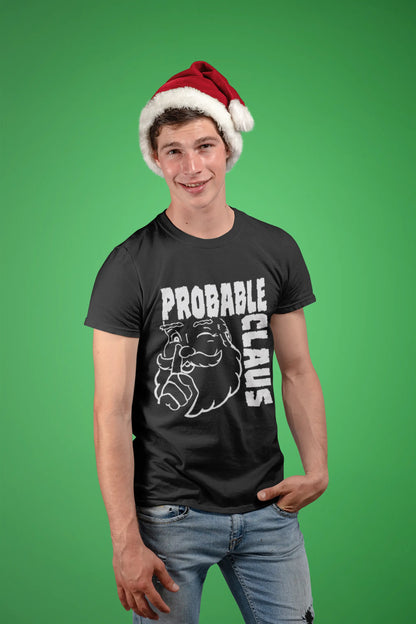 Person wearing a black t-shirt with 'Probable Claus' design and a Santa hat on a green background