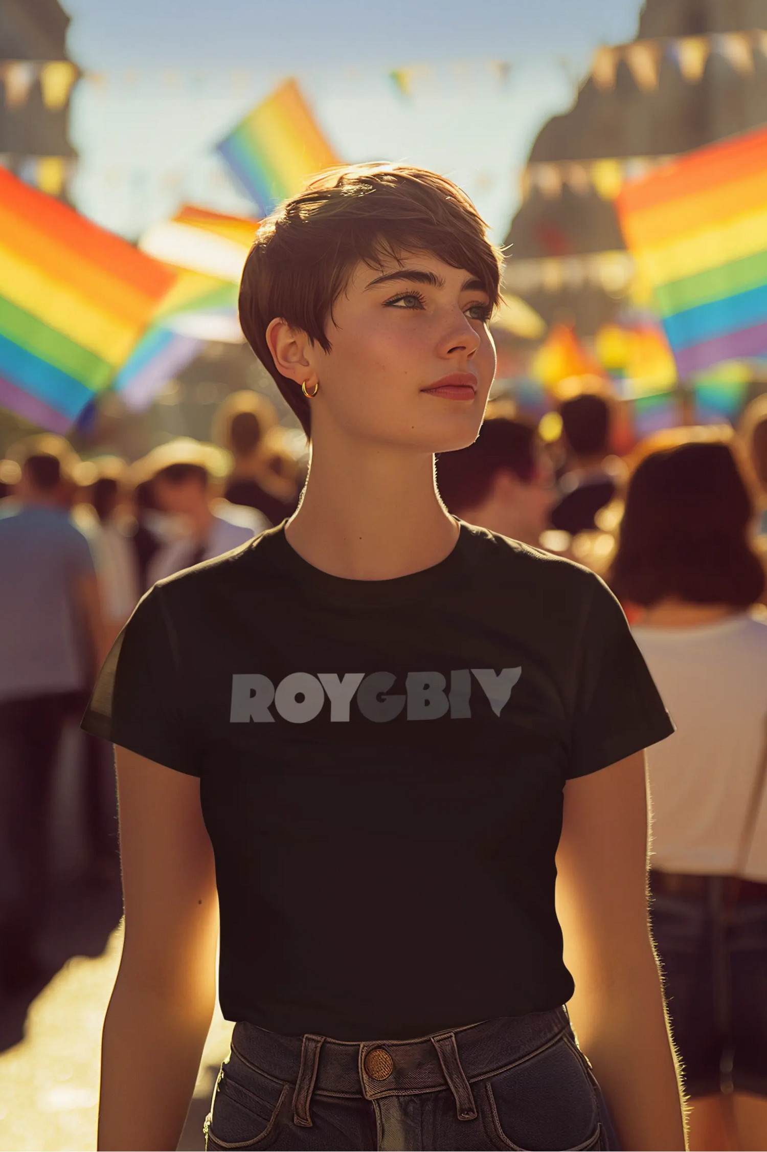 Person wearing a black Think a Thunk Unisex ROYGBIV T-Shirt at a Pride parade.