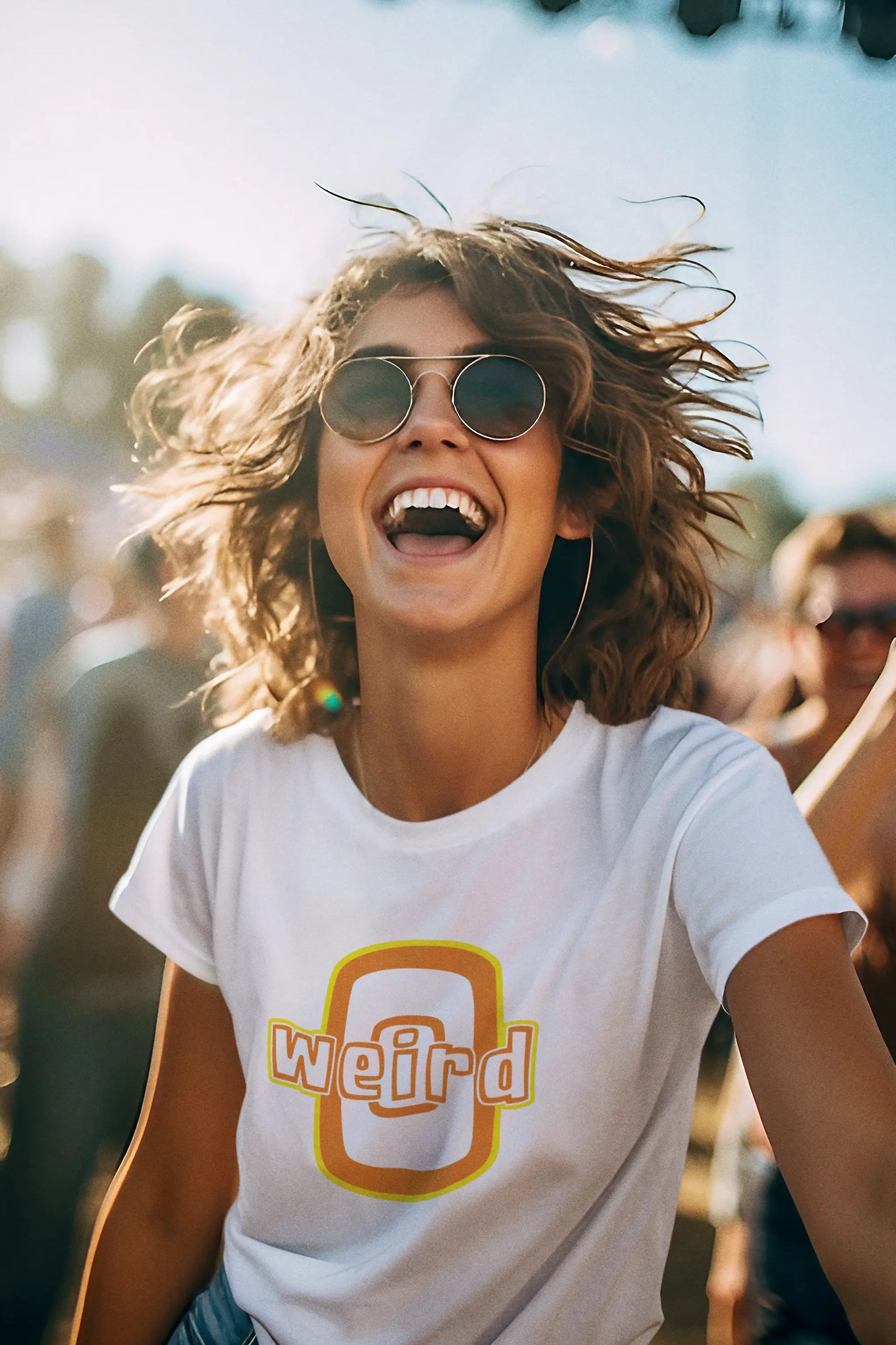 Person wearing a white Think a Thunk Unisex “Weird” Retro Graphic Tee at a music festival