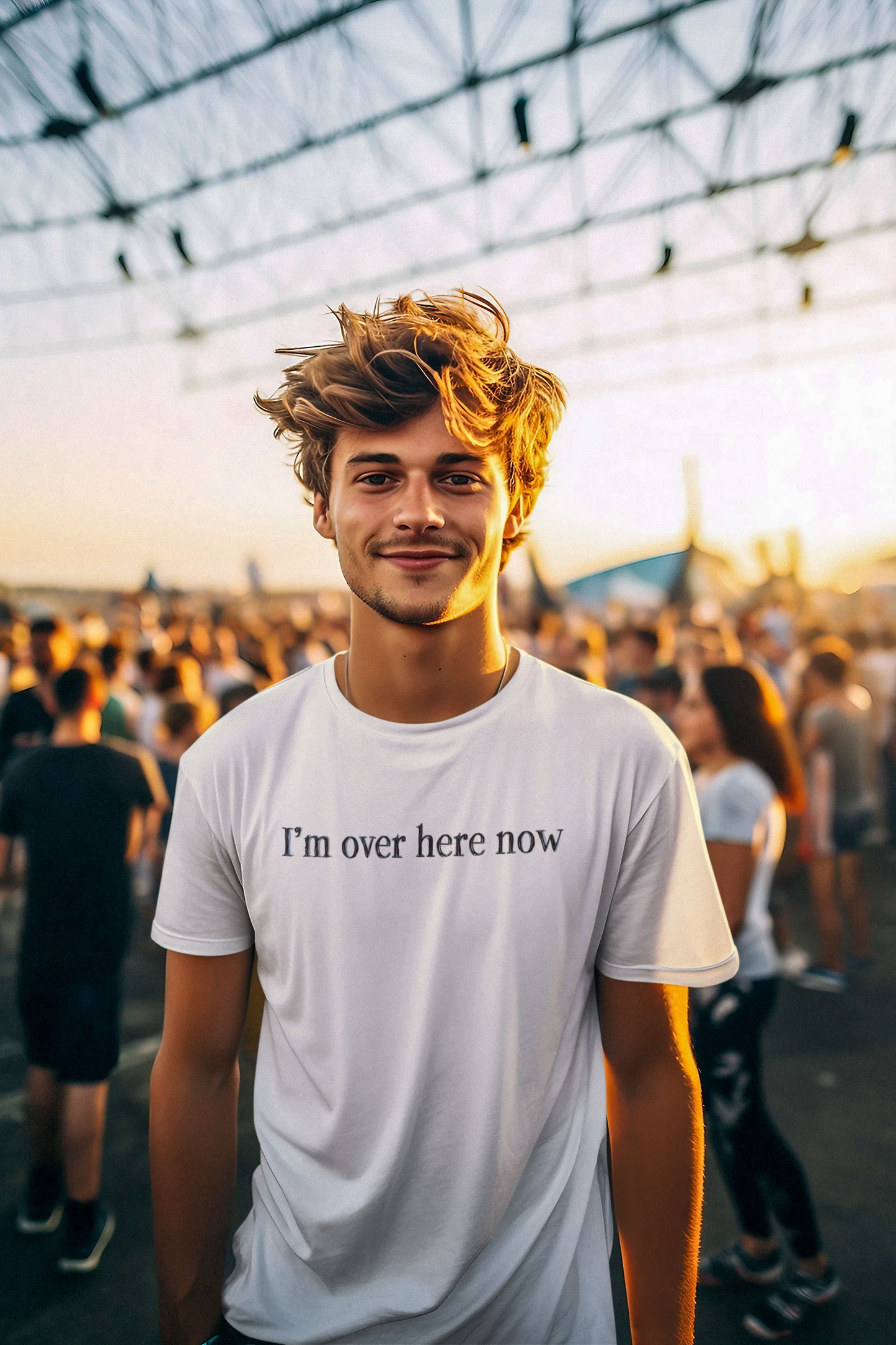 Man wearing a white t-shirt with 'I'm over here now' text in a crowd at sunset.