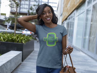 Woman wearing a slate blue t-shirt with a logo, standing outdoors.