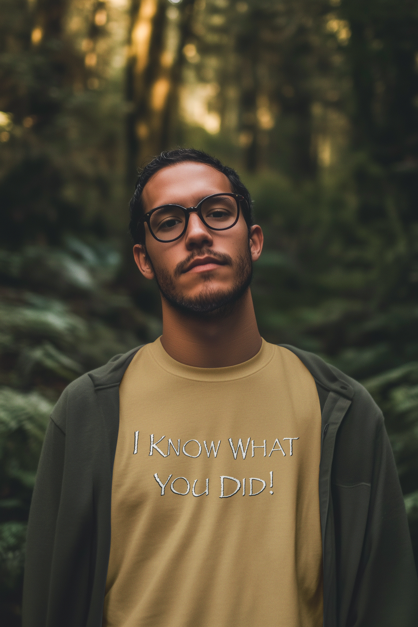Man wearing a old gold shirt with text in a forest setting