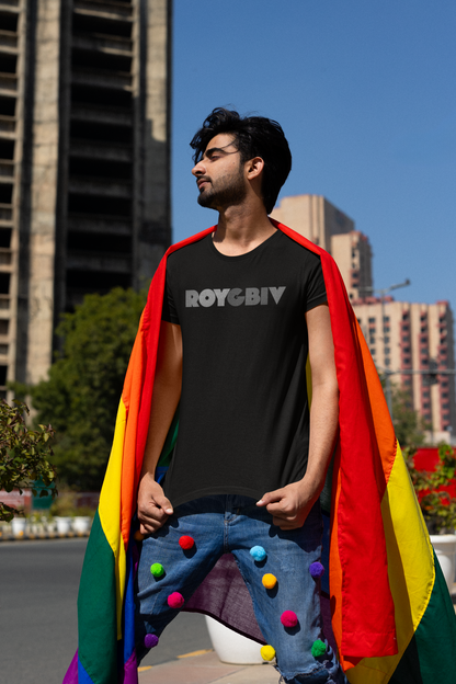 man celebrating Pride, wearing ROYGBIV T-shirt