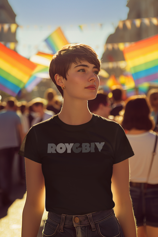 woman at Pride parade wearing ROYGBIV T-shirt