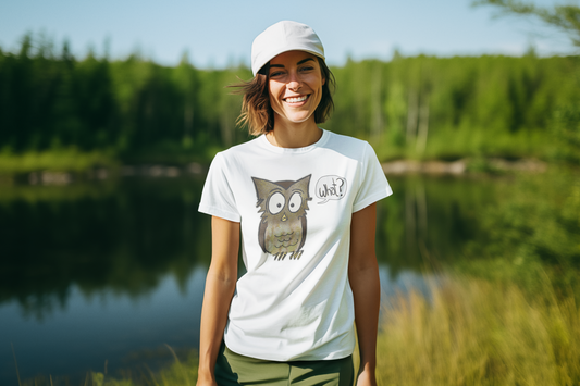 Woman wearing a white t-shirt with an owl design by a lake