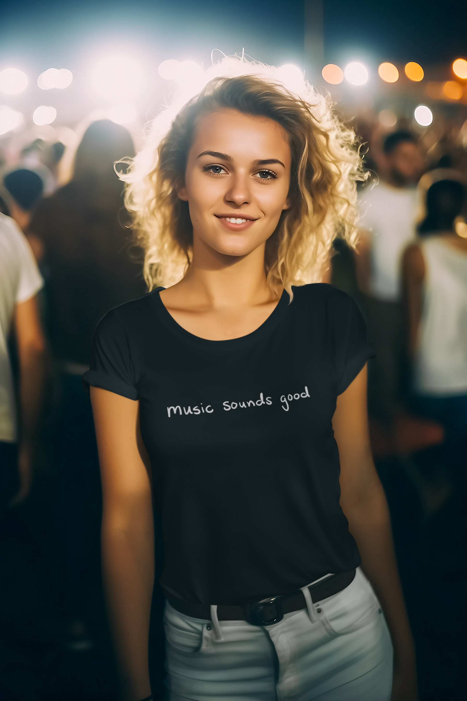 Woman wearing a black t-shirt with 'music sounds good' text at a concert.